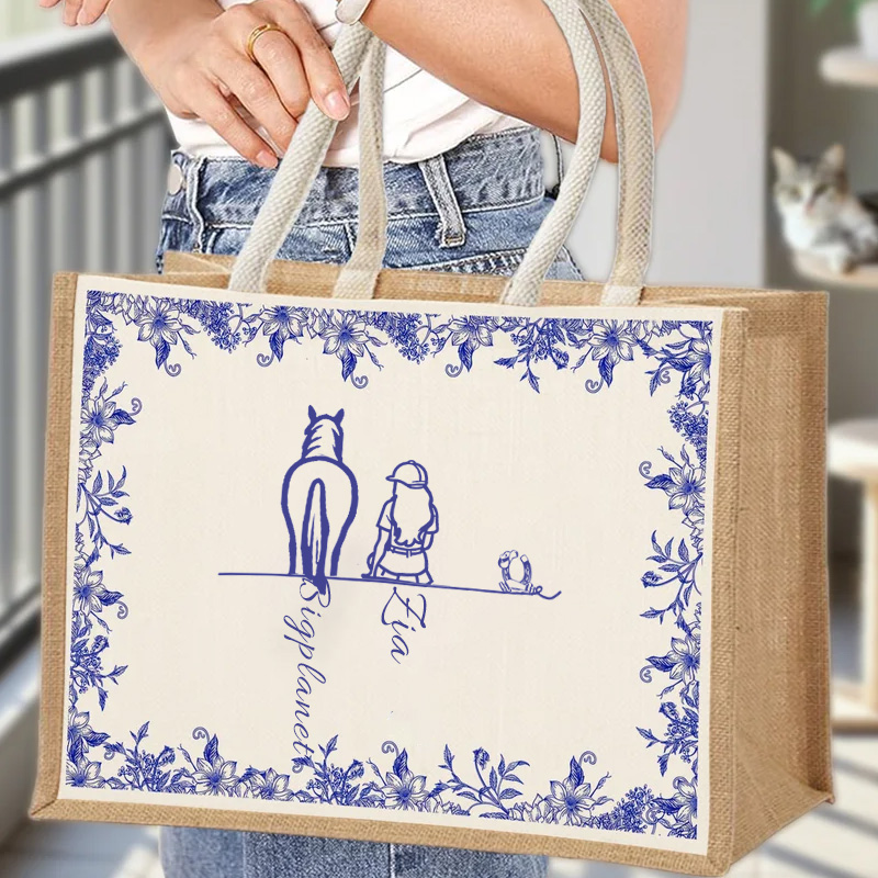 Personalized Toile De Jouy Horse Character Tote Bag Your Silhouette Always With Me Gift for Riding Equestrian Lovers