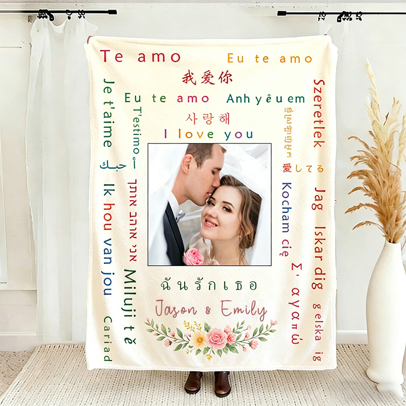 Personalized Love in Different Language Couple Blanket with Names Couple Anniversary Gift Wedding Gift for Newlyweds