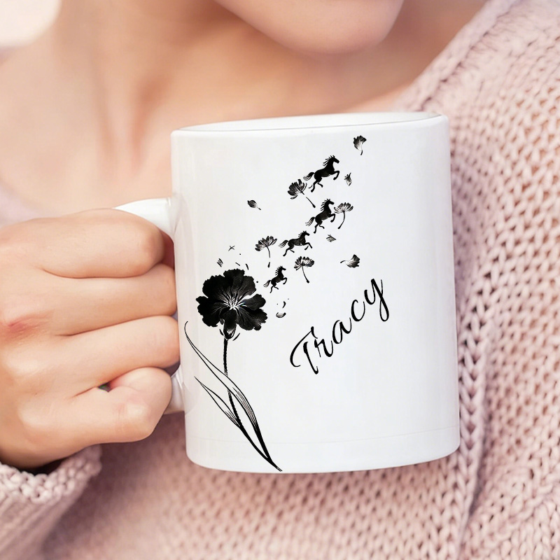 Personalized Birth Flower Horse with Flying Leaves Coffee Mug Elegant Ceramic Cup Gift for Horse Riding Equestrian Lovers