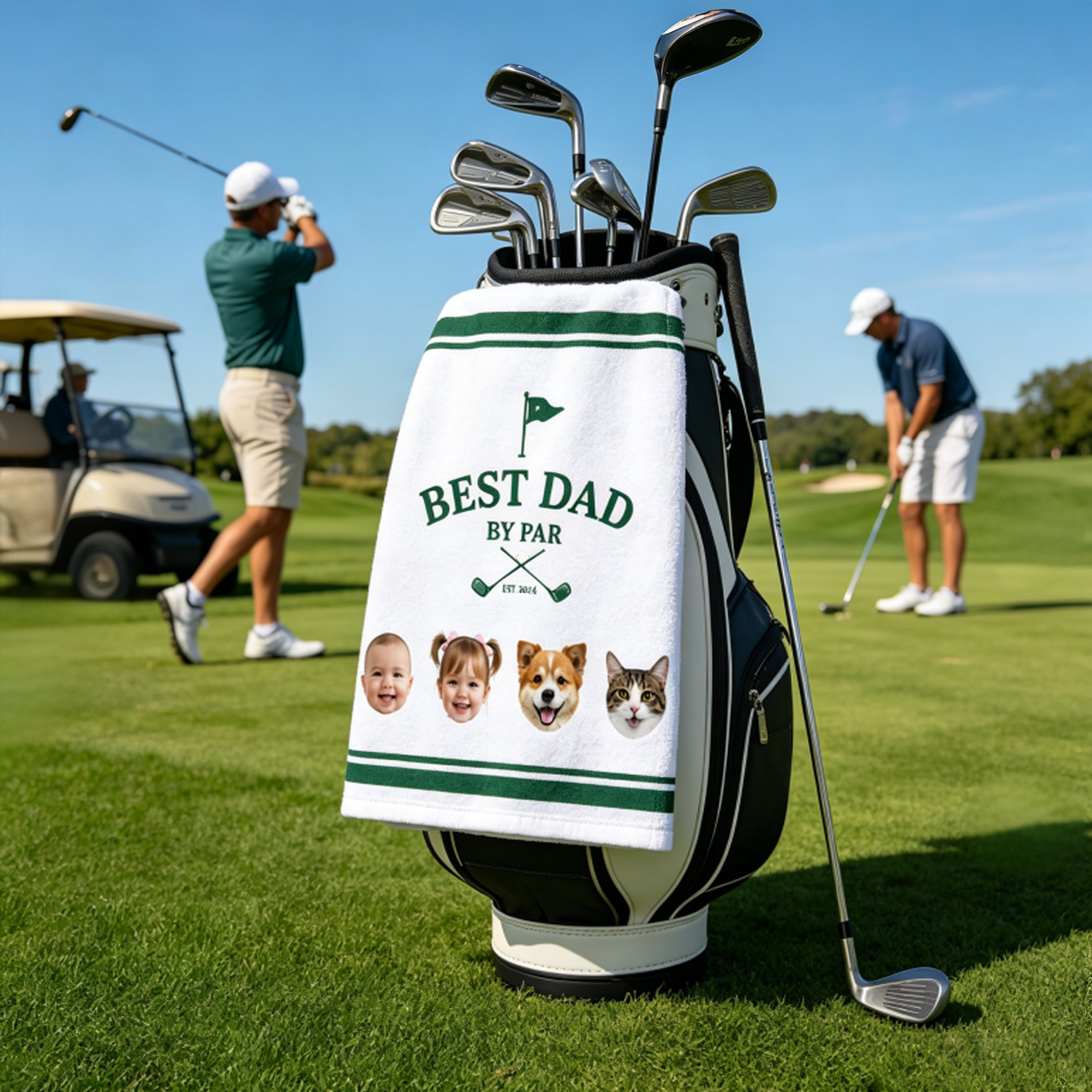 Personalized Golf Towel Simple Green Line Custom with Kid and Pet Images Father's Day Gift