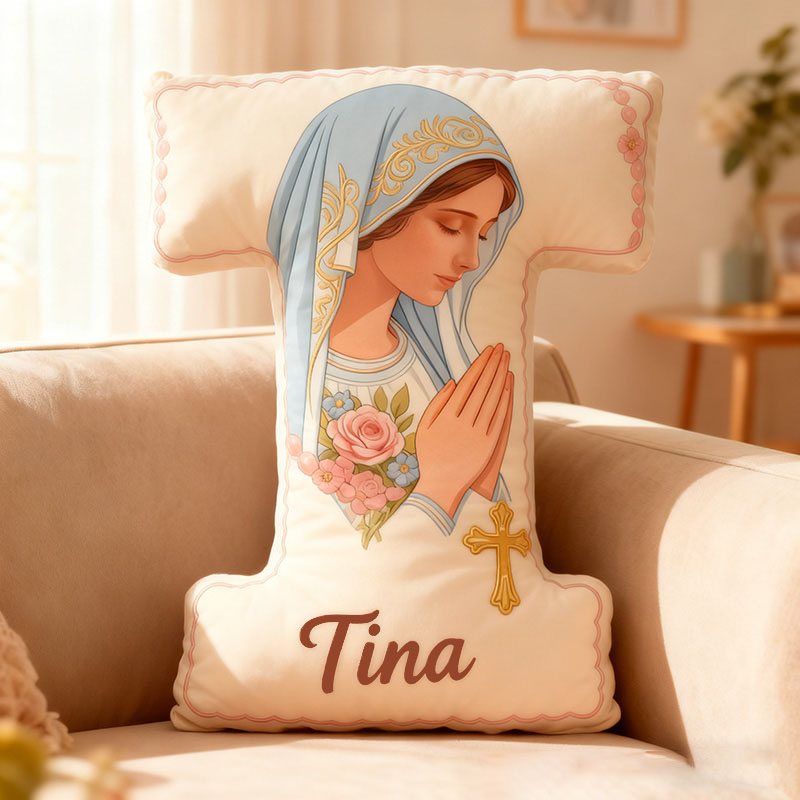 Personalized Virgin Mary Letter Pillow with Custom Name Religious Home Decor Catholic Gift for Her Gift for Prayer Faith Cross Graphic 3D Print Pillow