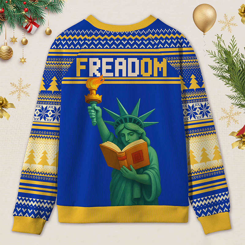 Personalized Reading Freedom Statue Fun Ugly Sweater Holiday Gift for Book Lovers