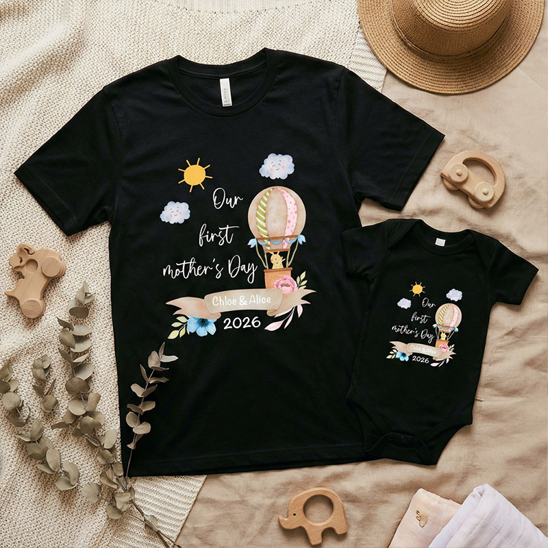 Personalized Cute Bear Bunny Giraffe 100% Cotton T-Shirt and Baby Onesie Our First Mother's Day T-shirt Funny Mummy and Baby Gift Mama and Me tee Baby bodysuit