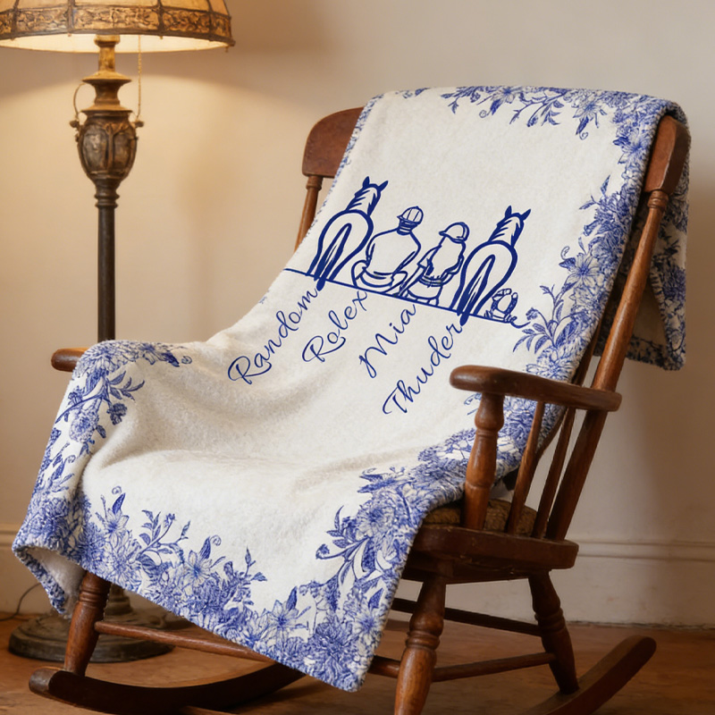 Personalized Toile De Jouy Horse Character Soft Throw Blanket Your Silhouette Always With Me Gift for Equestrain Lovers