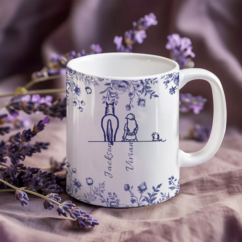 Personalized Toile De Jouy Horse Character Coffee Mug Your Silhouette Always With Me Ceramic Cup Gift for Horse Riding Equestrian Lovers