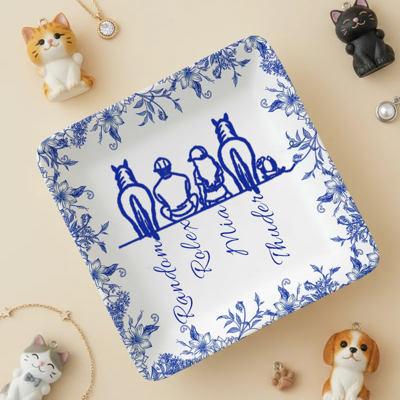 Personalized Toile De Jouy Ceramic Trinket Jewelry Dish with Name Memorial Birthday Gift for Equestrain Lovers
