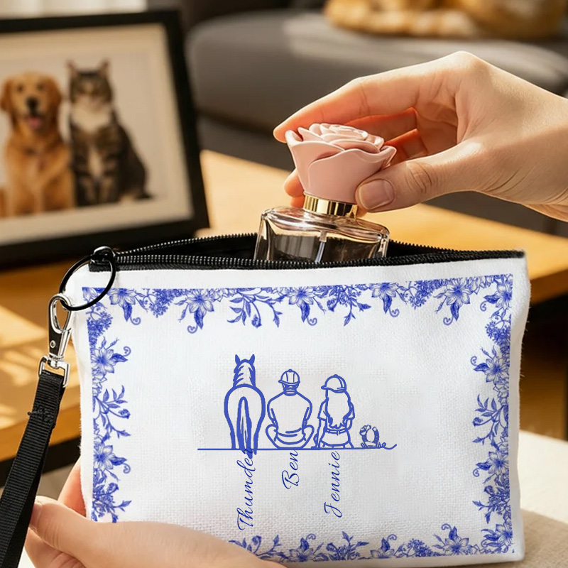 Personalized Toile De Jouy Line Style Horse Character Gift Linen Zipper Pouch for Equestrain Lovers