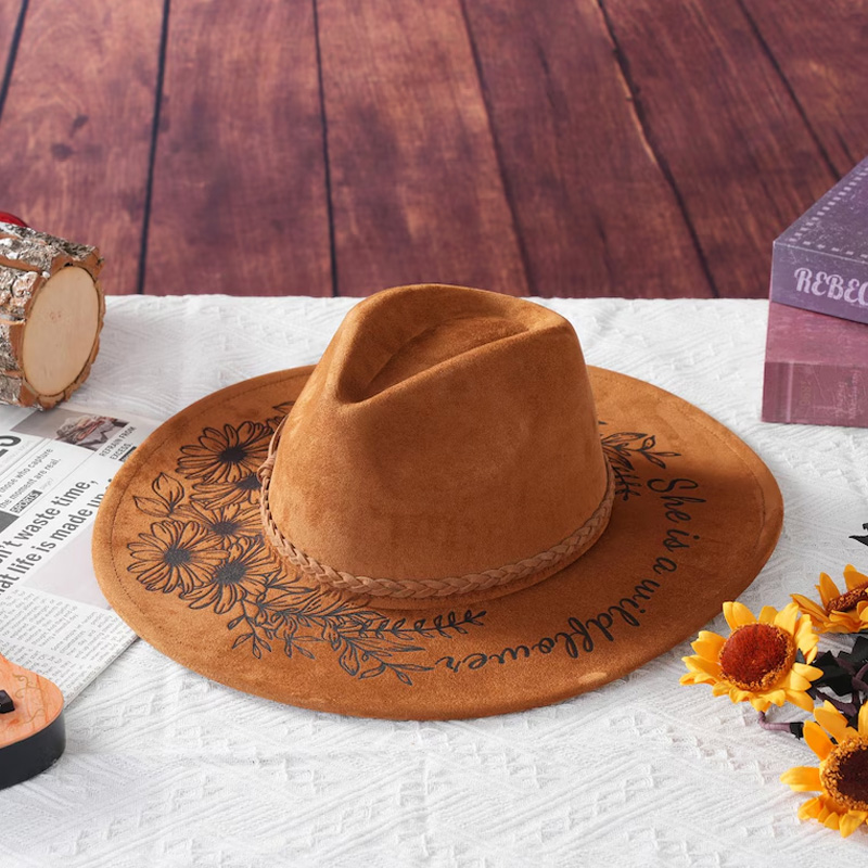 Personalized Vegan Suede Burned Hat Birth Month Floral Western Style Cowboy Cowgirl Hats She is a Wildflower Fedora Hat Wide Brim Hat Gifts for Equestrain Lovers
