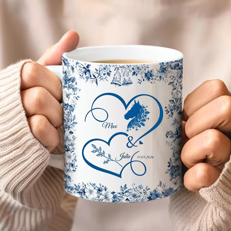 Personalized Toile De Jouy Mug Heart Birth Flower with Your Horse Ceramic Cup Gift for Horse Riding Equestrian Lovers