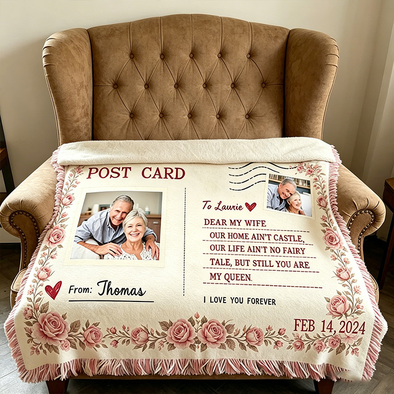 Personalized Couple Photo Vintage Postcard Blanket