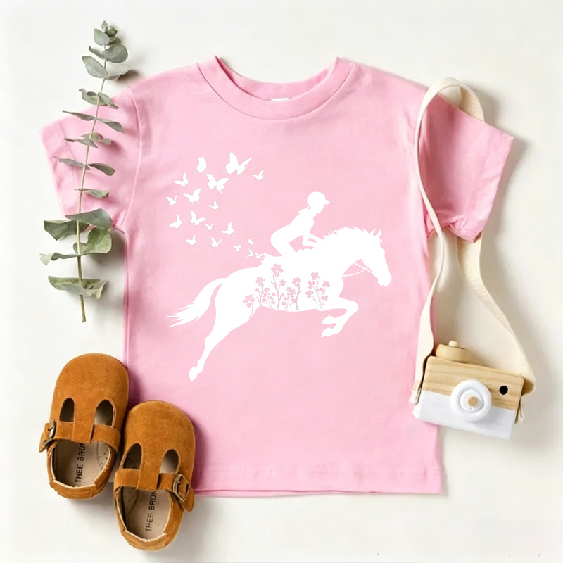 Personalized Floral Horse Birth Month Flower Kids T-Shirt Horseback Riding Farm Kids Tee Funny T-Shirt Gift for Girls Equestrain Lovers