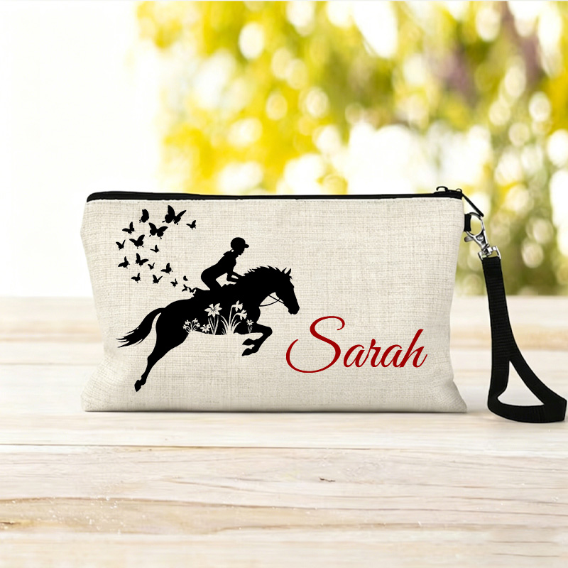 Personalized Floral Horse Birth Month Flower Linen Zipper Pouch Horseback Riding Farm Gift for Girls Equestrain Lovers