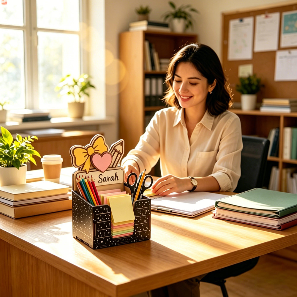 Personalized Teacher Sticky Note Holder Custom Name Desk Organizer Wooden Notepad Holder Teacher Appreciation Thank You Gift End of Year Gift for Teacher Classroom Office Decor