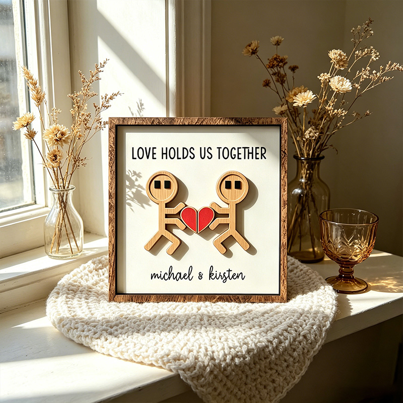Personalized Funny Cartoon Couple Wooden Sign Gift Valentine's Day Gift for Couple Love Holds Us Together Wood Sign with Couple Name