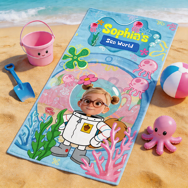 Personalized Kids Beach Towel Custom Name Photo Towel Cute Ocean Theme Swim Pool Gift For Girls Boys