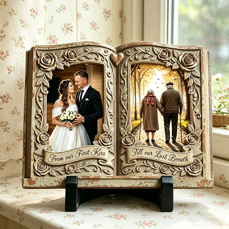 Personalized Couple Open Book Photo Stone with Stand Vintage Couple Plaque Valentine Gift for Couple