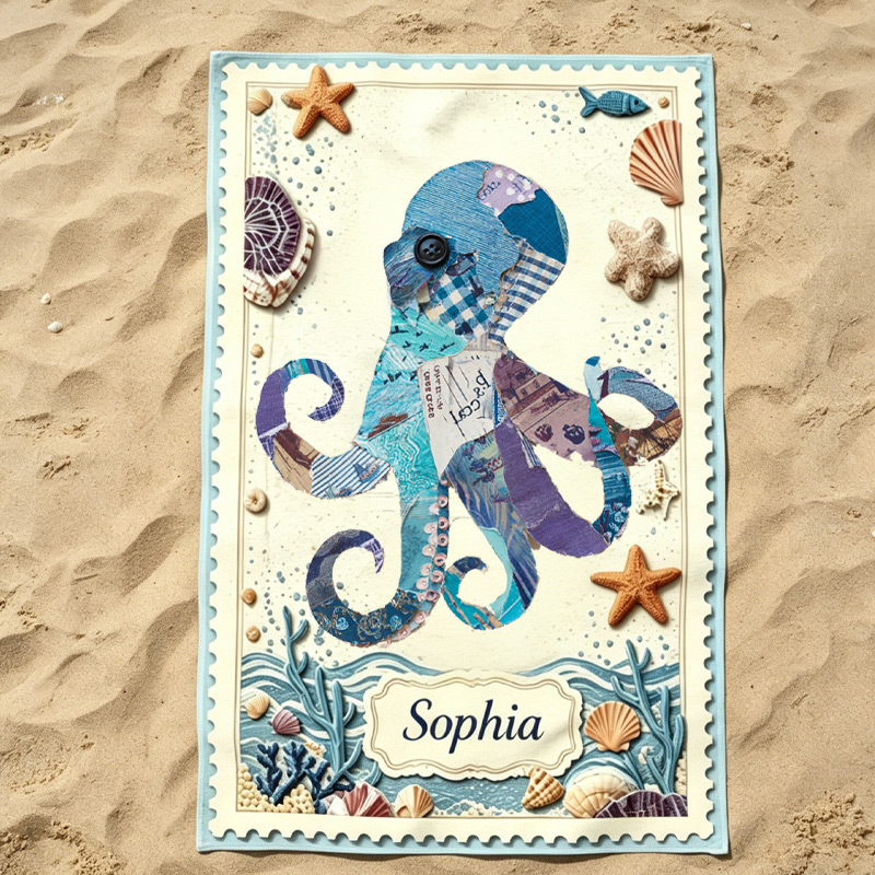 Personalized  Beach Towel  Coastal Patchwork Collage Design Custom Name Kids Towel for Summer Vacation Ocean Theme Gift