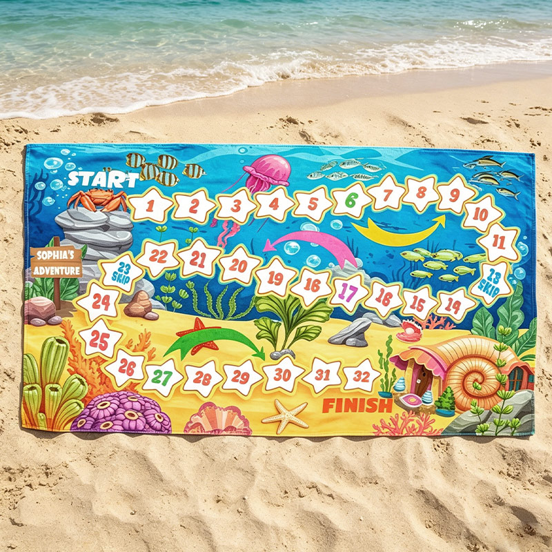 Personalized Under the Sea Game Beach Towel  Kids Number Adventure Board Design Custom Name Beach Mat for Family Fun and Summer Play Play & Learn Game Towel