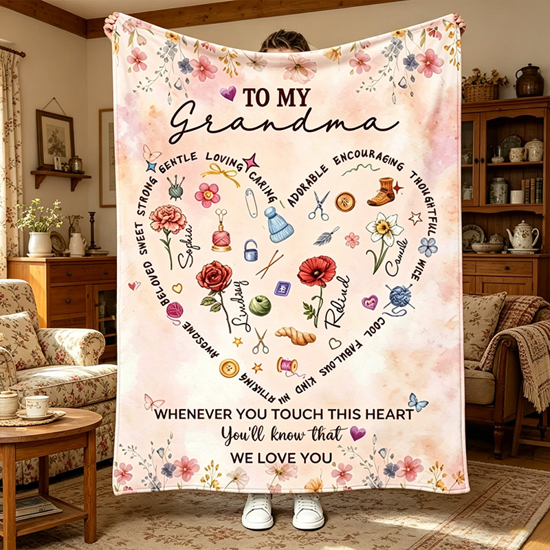 Personalized Grandma Blanket with Birthflower Knitting Lover Blanket Mother's Day Gift Nana Birthday Gift