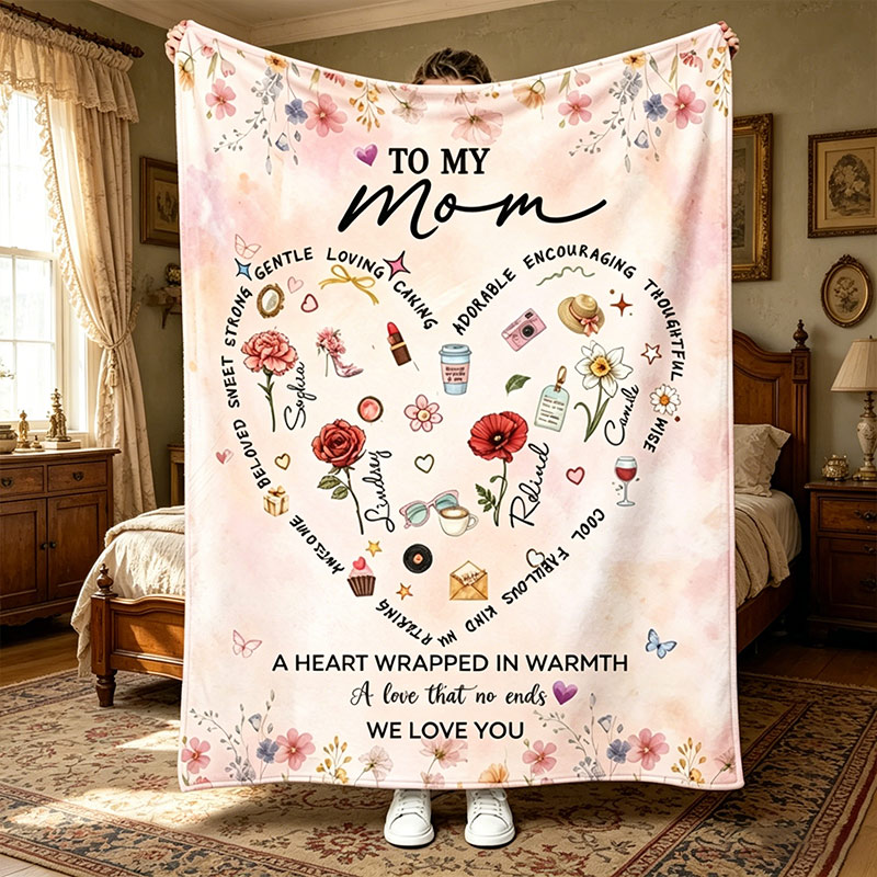 Personalized Mama Blanket with Birthflowers Custom Blanket with Kids Name Mother's Day Gift Mom Birthday Gift