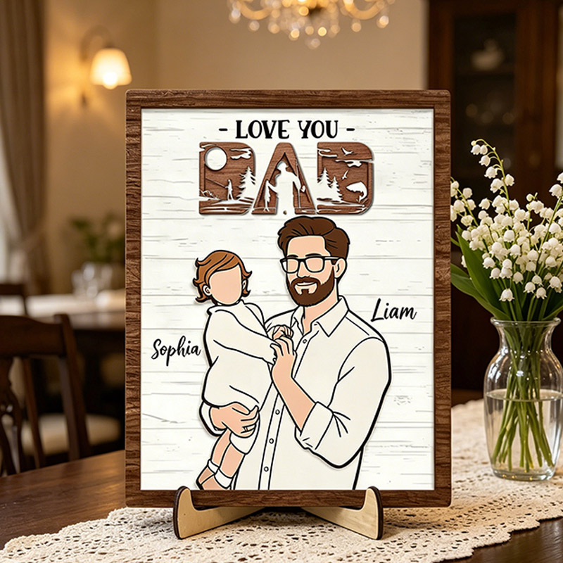 Personalized Love You Dad Sign Custom Dad Portrait with Kid Wooden Plaque Fishing Lover Dad Gifts Father's Day Gift For Dad