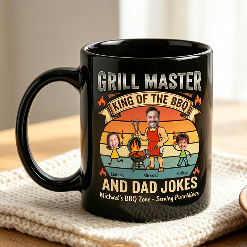 Personalized Grill Master Mug King of The BBQ And Dad Jokes Custom 11 oz Ceramic Mug with Kids Photos Father's Day Gifts for Dad