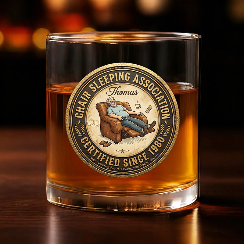 Personalized Chair Sleeping Association Certified with Photo Whiskey Glass for Dad Grandpa Custom Glass with Name Father's Day Gifts for Him