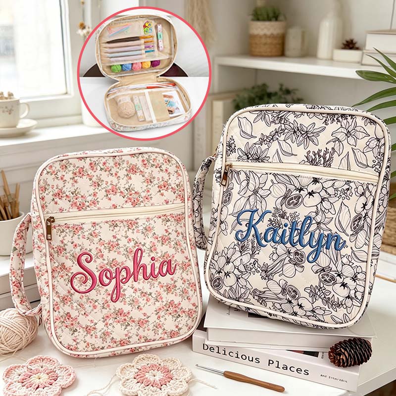 Pedsonalized Crochet Tool Storage Bag with Embroidery Name Quilted Floral Knitting Bag Needle Storage Bag Sewing Project Organizer Gift for knitter