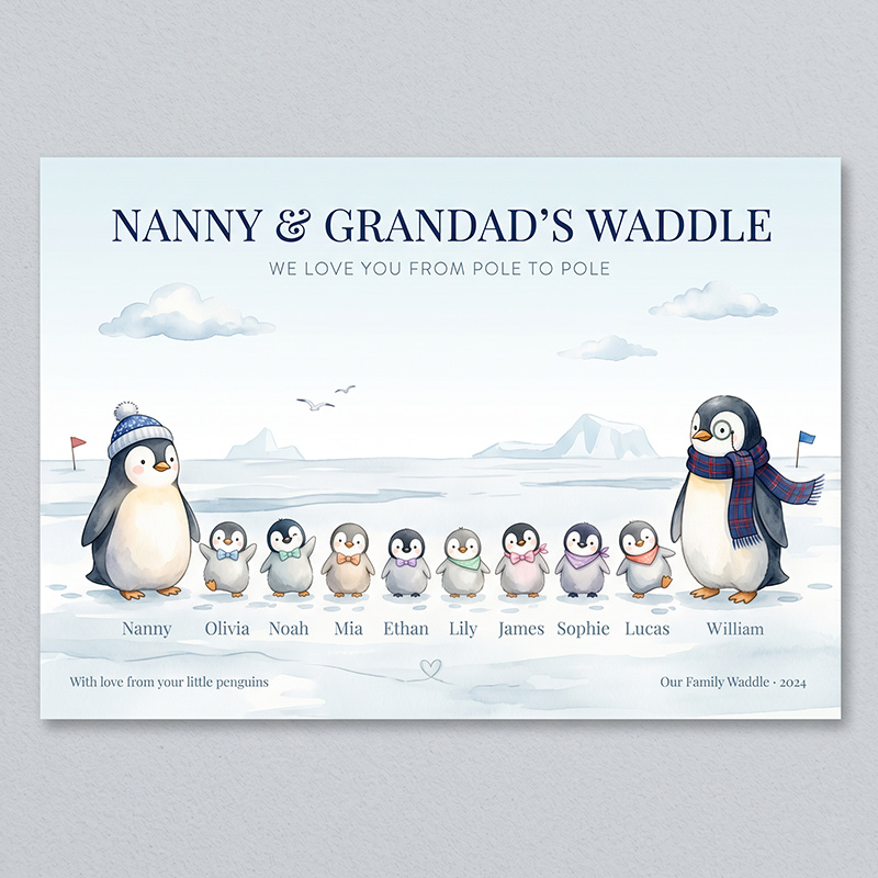 Personalized Penguin Family Poster Frameless Framed Painting with 2-10 Names Home Decor Birthday Mother's Day Father's Day Gift for Mom Dad