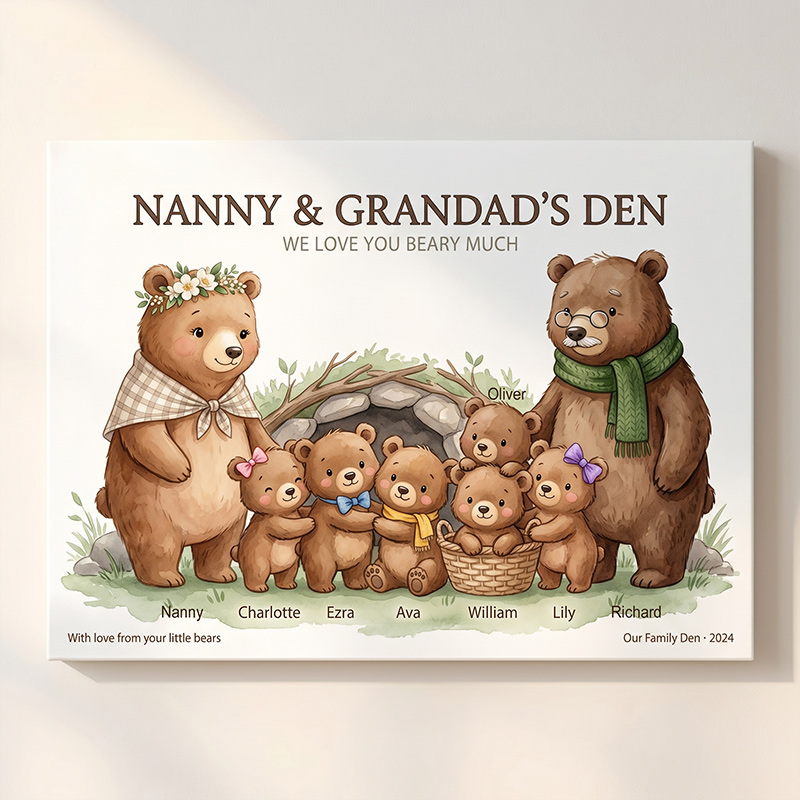 Personalized Bear Family Poster Frameless Framed Painting with 1-9 Kids Names Home Decor Birthday Mother's Day Father's Day Gift for Mom Dad