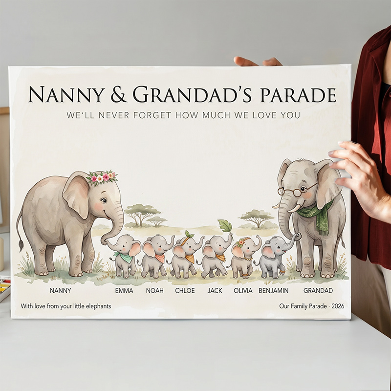 Personalized Elephant Family Poster Frameless Framed Painting with 1-9 Kids Names Home Decor Birthday Father's Day Gift for Papa
