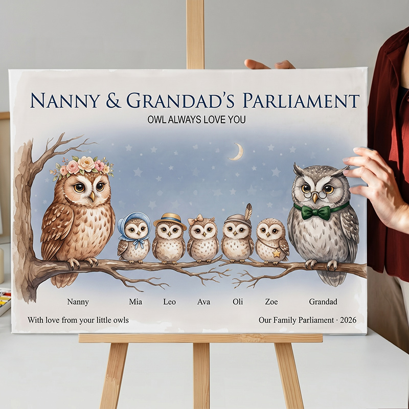 Personalized Owl Family Poster Frameless Framed Painting with 1-9 Kids Names Home Decor Birthday Father's Day Gift for Papa