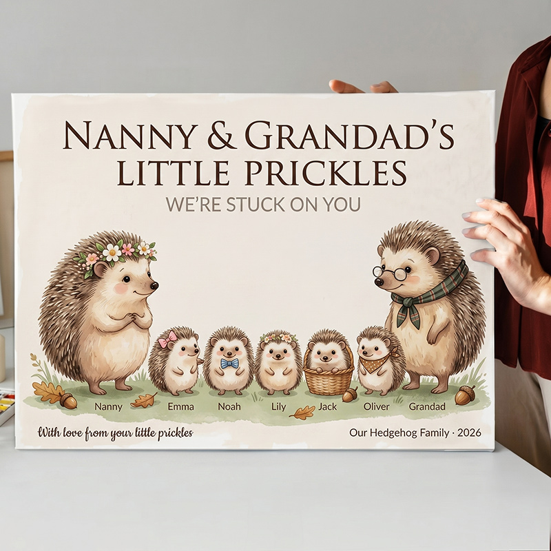 Personalized Hedgehog Family Poster Frameless Framed Painting with 1-9 Kids Names Home Decor Birthday Father's Day Gift for Papa Family Gift