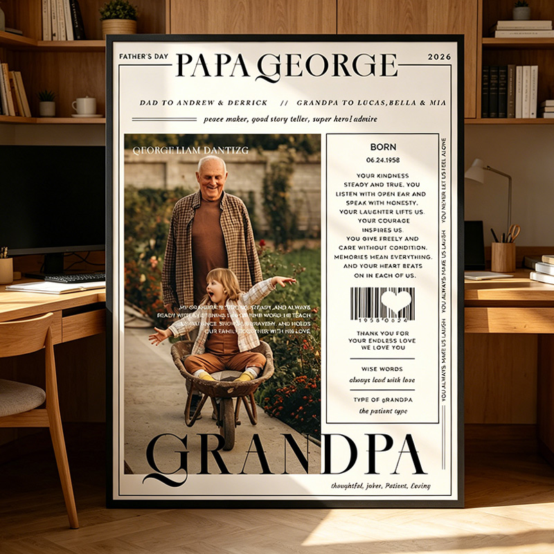 Personalized Papa Magazine Wall Art with Portrait Art Print Customed Wall Decor Father's Day Gift Home Decor Gift for Him