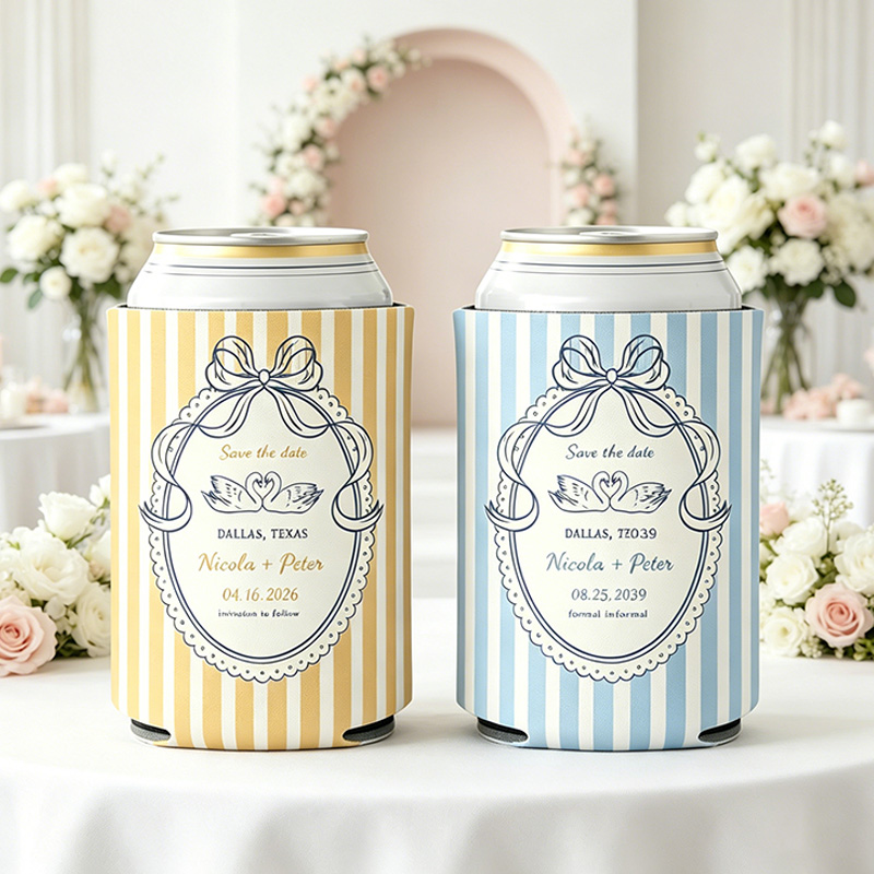 Personalized Multicolor Watercolor Striped Beer Can Cooler Sleeve with Name Title and Date Wedding Party Gift for Newlyweds