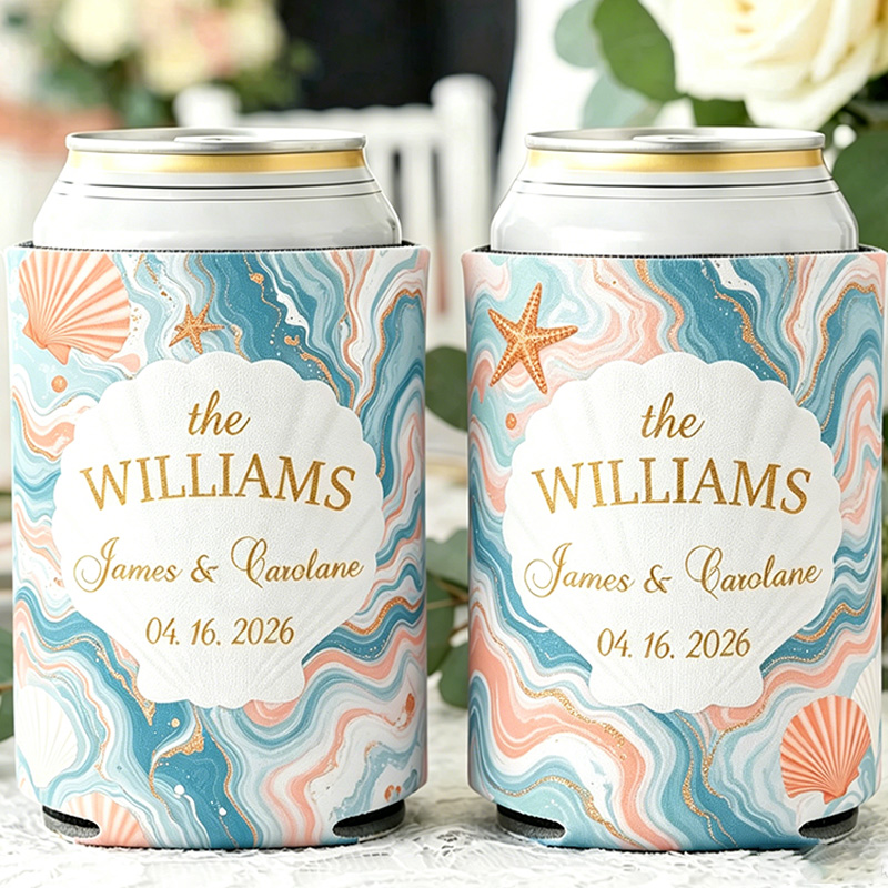Personalized Ocean Theme Striped Beer Can Cooler Sleeve with Name Title and Date Wedding Party Gift for Newlyweds