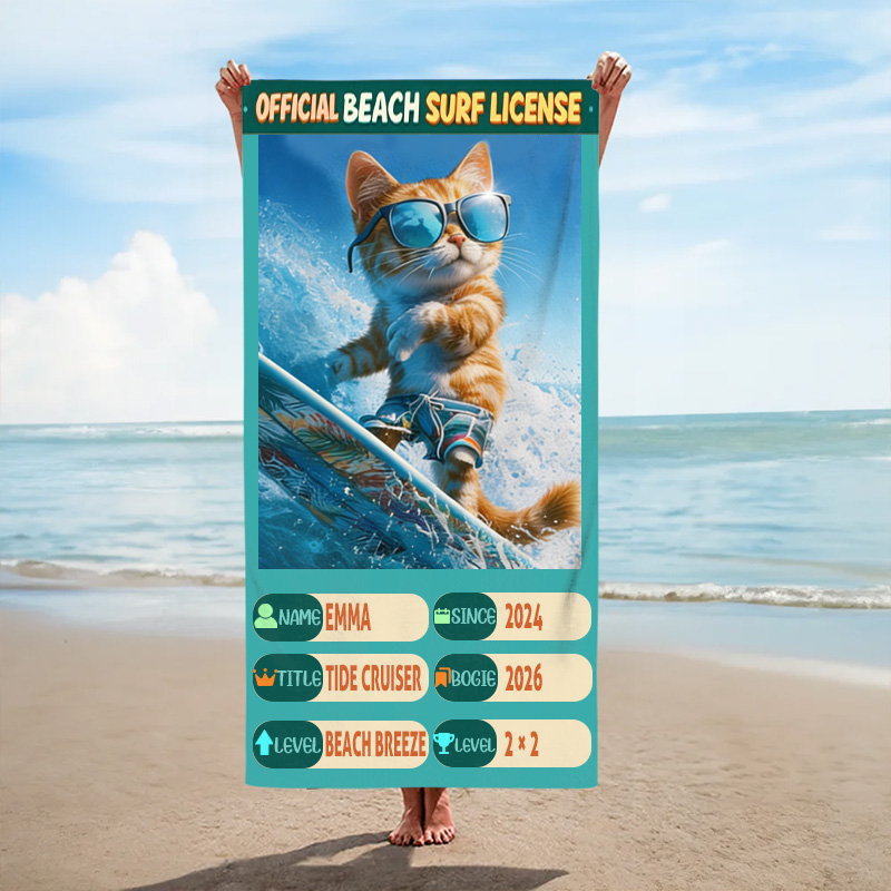 Personalized Official Beach Surf License Animals Surfing Kids Personalized Name Towel Fun Ocean Wave Summer Gift