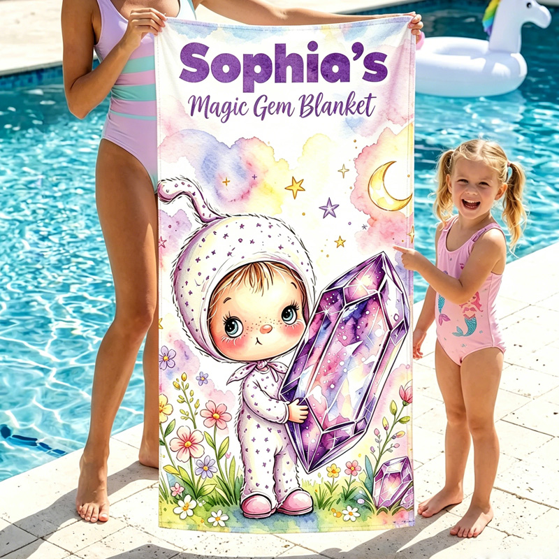 Personalized Cute Girl Holding Magic Birthstone Crystal In Pastel Fantasy Space Garden For Kids Beach Towel