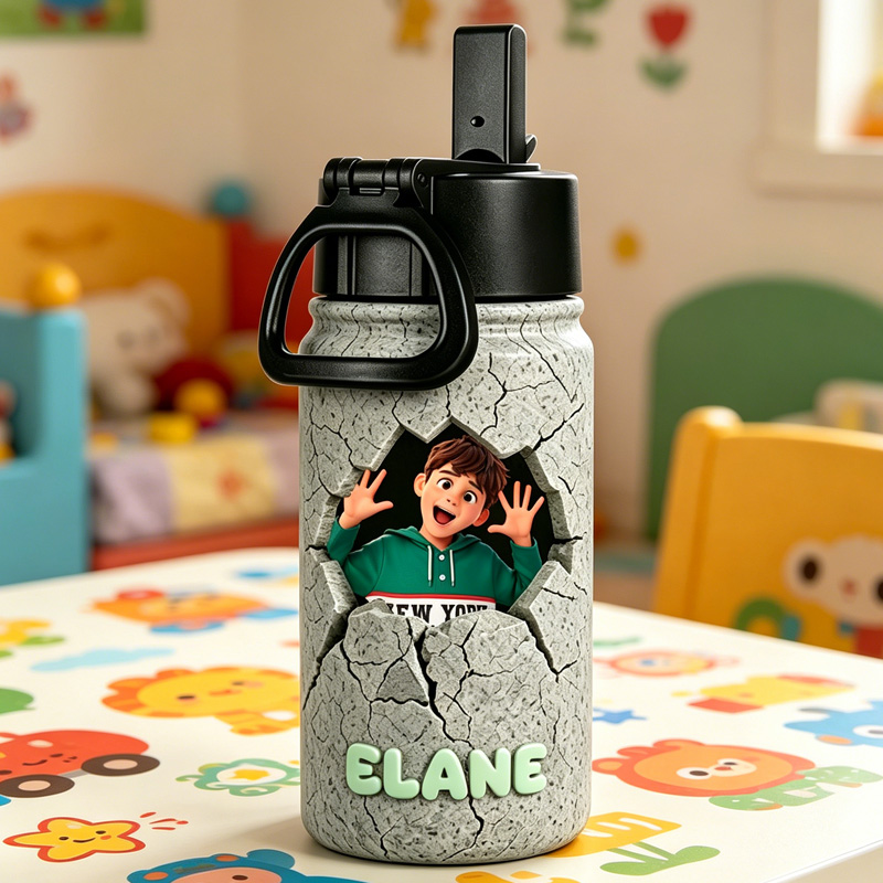 Personalized Cracked Wall Escape Name Photo Print Kids Adventure Breakthrough Art Water Bottle