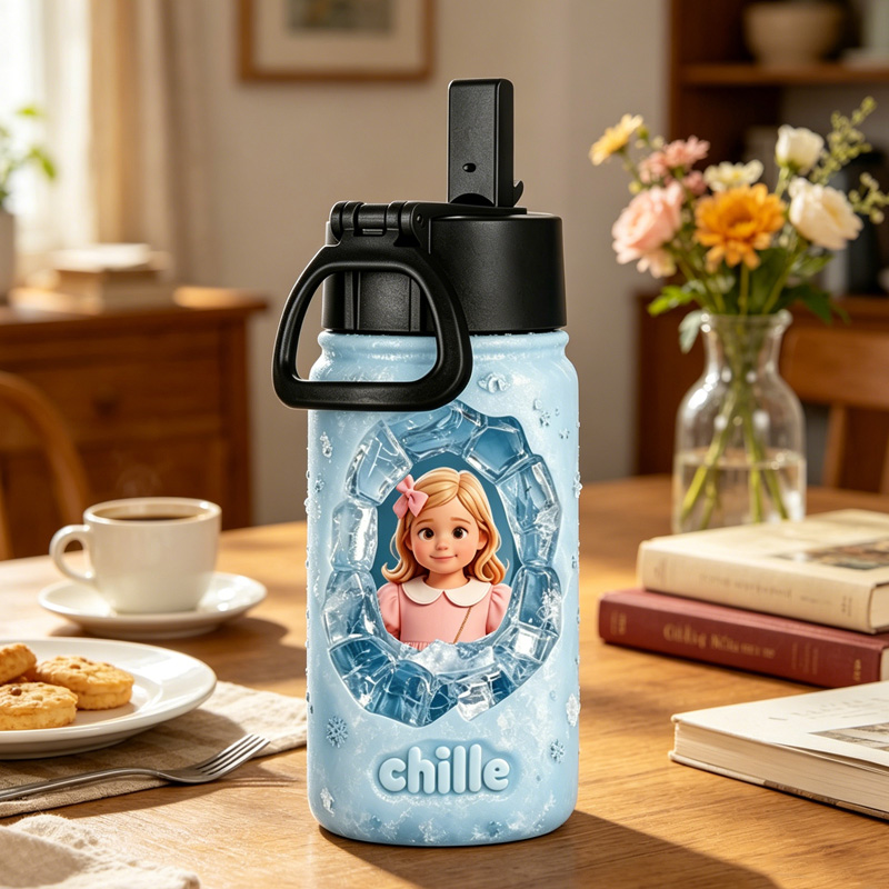 Personalized Ice Princess Name Photo In Frozen Crystal Frame Winter Snowflake Kids Magic Stainless Steel Water Bottle