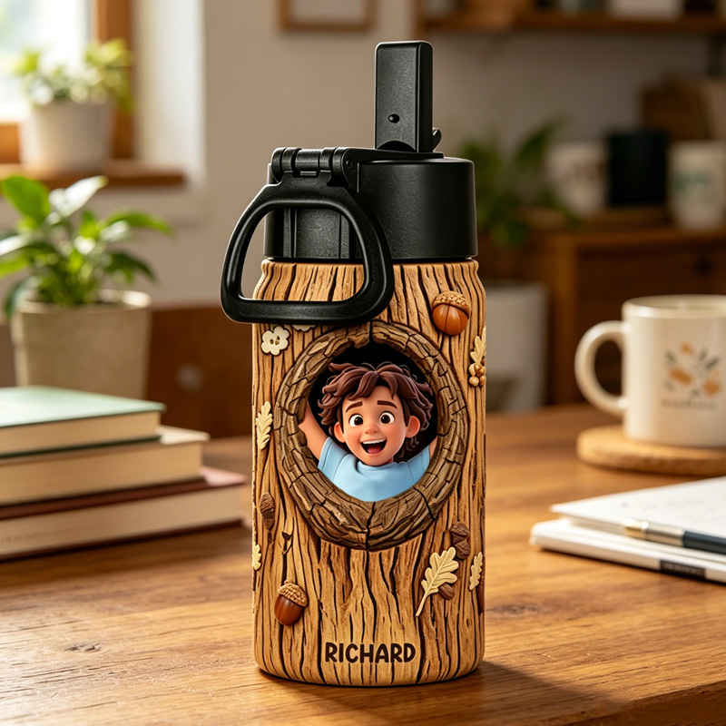 Personalized Tree Trunk Peekaboo Name Photo Woodland Forest Adventure Nature Kids Camping Style Water Bottle