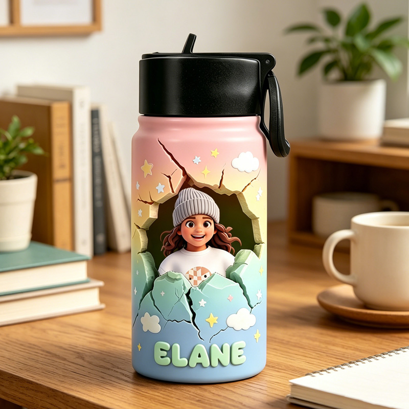 Personalized Name Photo Pastel Clouds Stars Kids Adventure Fantasy Breakthrough Art Water Bottle