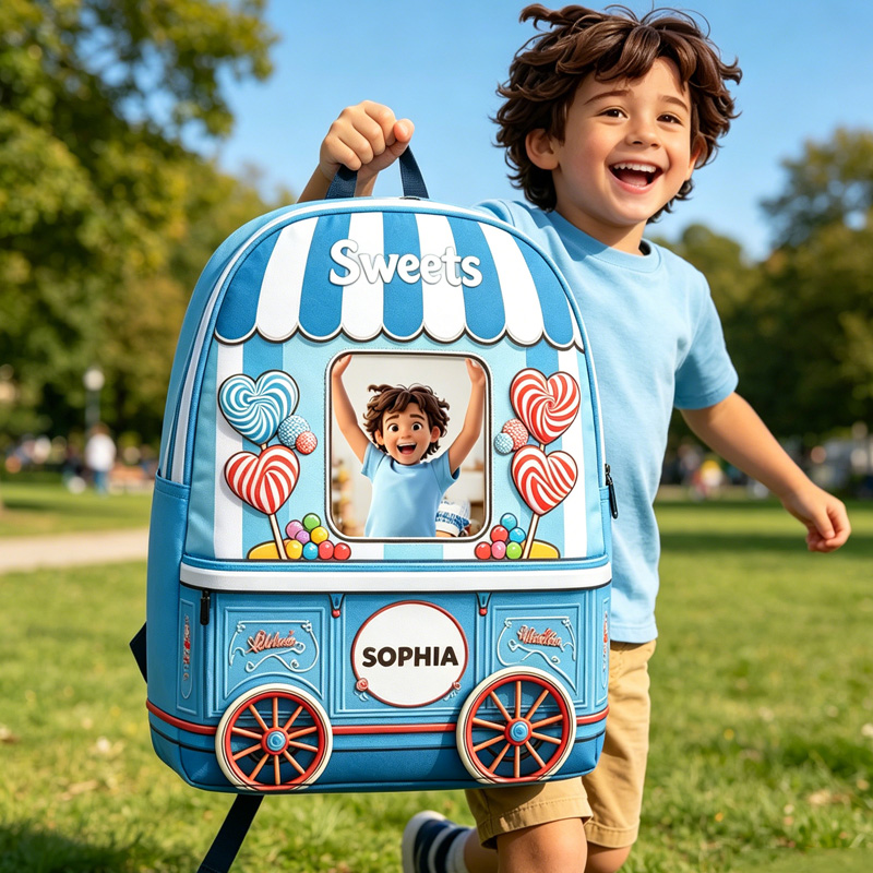 Personalized Lollipop Sweets Cart Photo Insert Kids Backpack