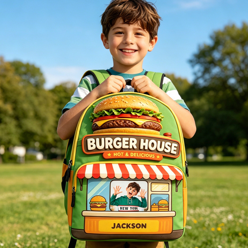 Personalized Custom Name Burger House Photo Insert Kids Backpack