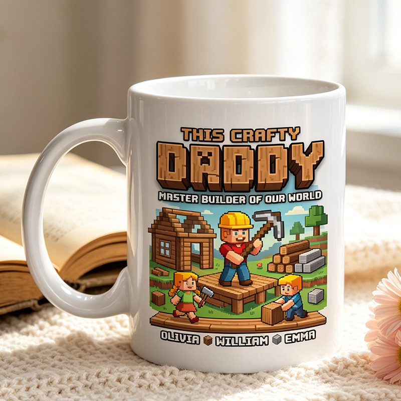 Personalized This Crafty Daddy Master Bulder of Our World 11 oz Ceramic Mug with 1-6 Names Father's Day Gifts for Dad Grandpa