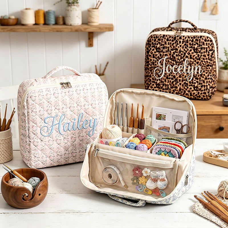 Personalized Embroidered Crochet Tool Storage Bag Custom Large Floral Crochet Tool Storage Bag Multi-Compartment Portable Travel Storage Bag for Women