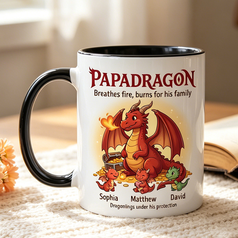 Personalized Papadragon Dragonlings under His Protection 11 oz Ceramic Mug with 1-6 Names Father's Day Gifts for Grandpa Papa Birthday Gift for Him