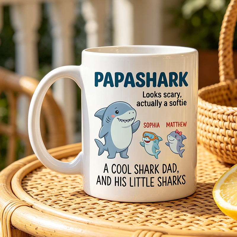 Personalized Papashark Looks Scary Actually A Softie 11 oz Ceramic Mug with 1-6 Names Father's Day Gifts for Grandpa Papa Birthday Gift for Him