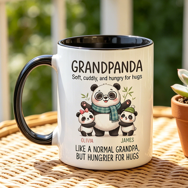 Personalized Papapanda Soft Cuddly And Hungry for Hugs 11 oz Ceramic Mug with 1-6 Names Father's Day Gifts for Grandpa Papa Birthday Gift for Him