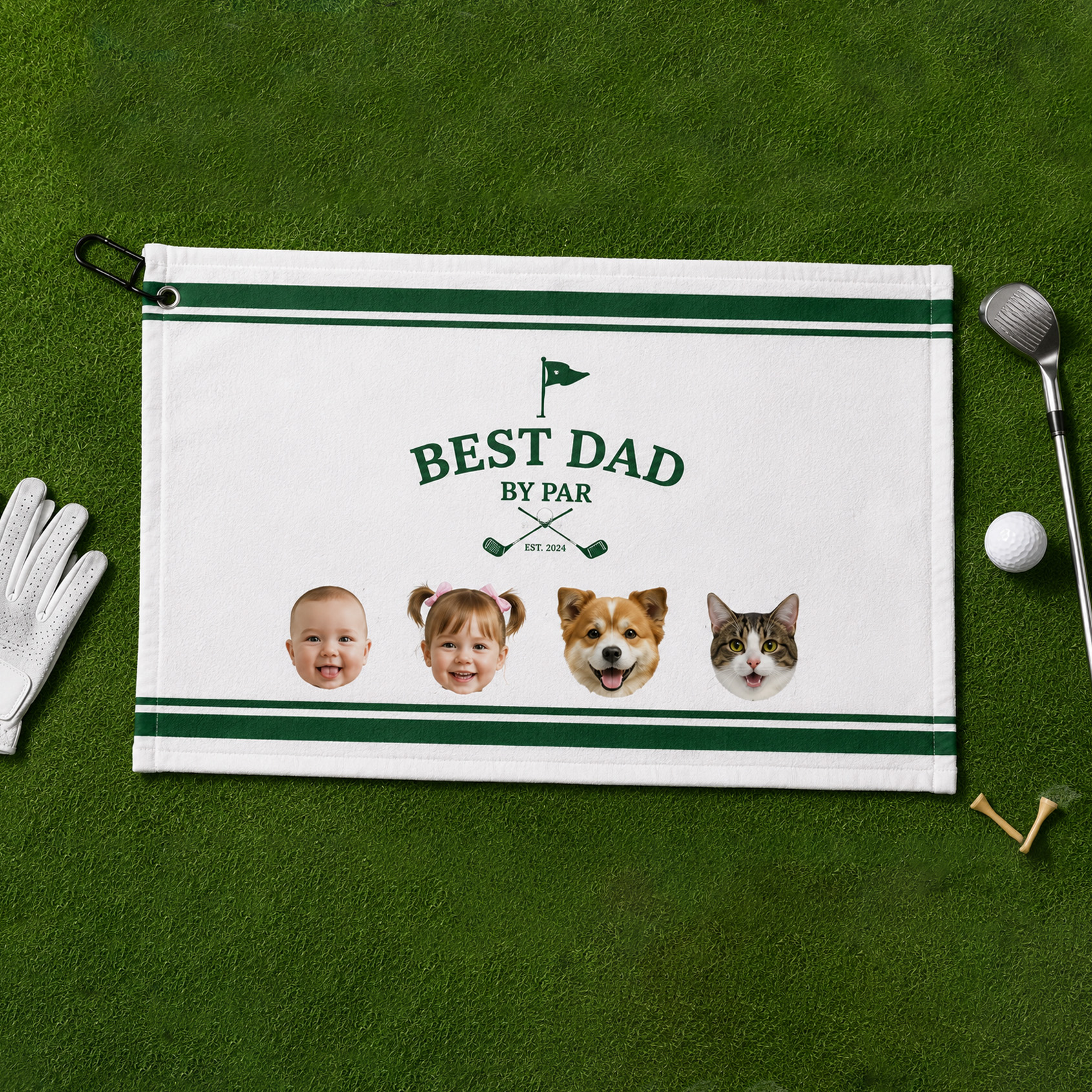 Personalized Golf Towel Simple Green Line Custom with Kid and Pet Images Father's Day Gift